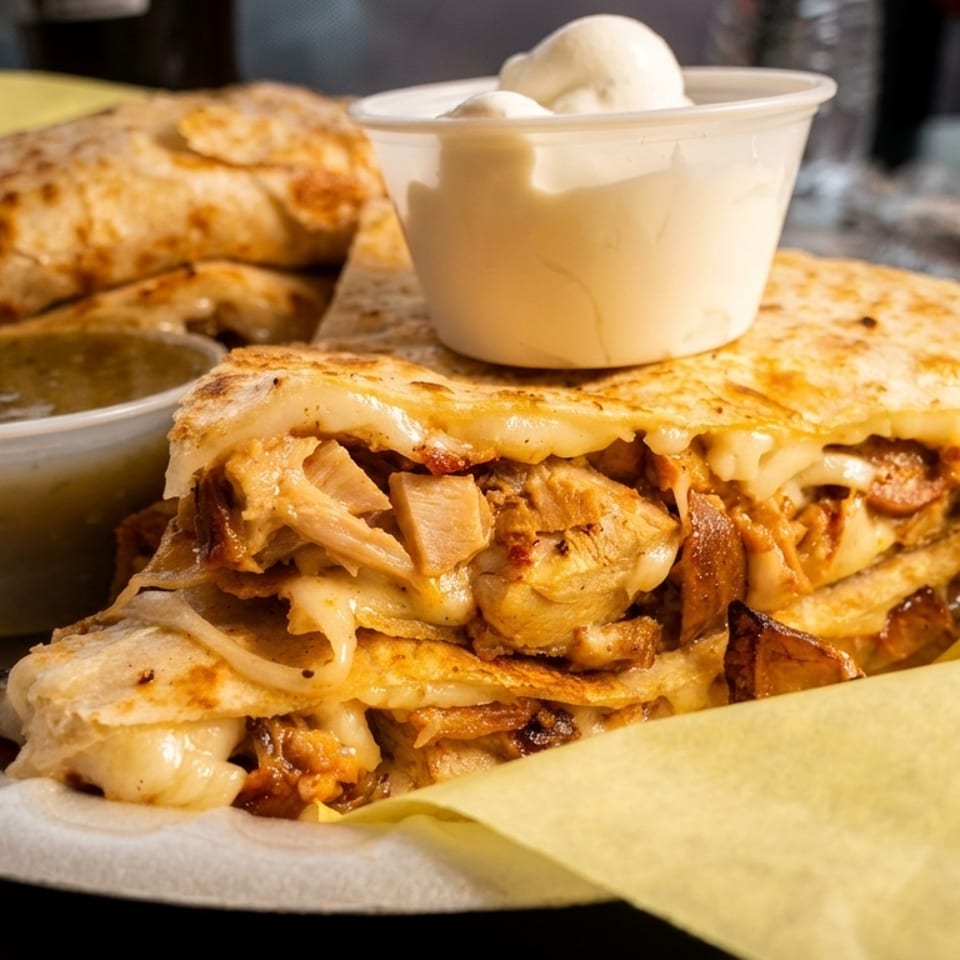 Chicken quesadilla with melted cheese, salsa verde, and sour cream on a white plate.