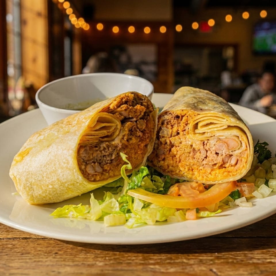 A large burrito, cut in half, served on a white plate with lettuce and salsa.
